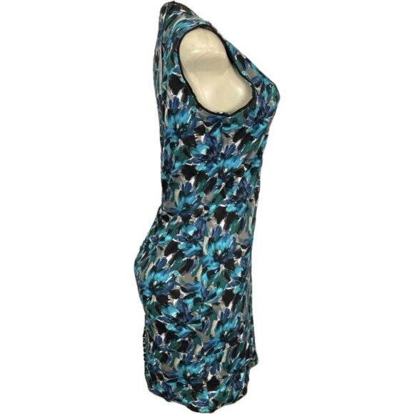 MaxSport M Teal-Blue Floral Keyhole Button Neckline Sleeveless Mini Sports Dress - Picture 3 of 6
